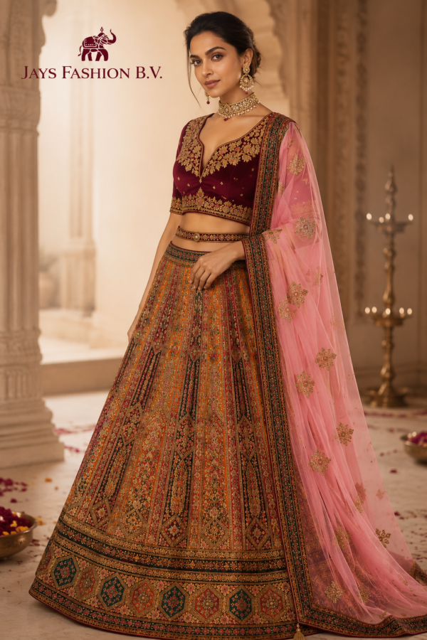 Luxe Bruids Lehenga Bordeaux & Goud met Roze Dupatta – Exclusieve Indiase Bridal Wear