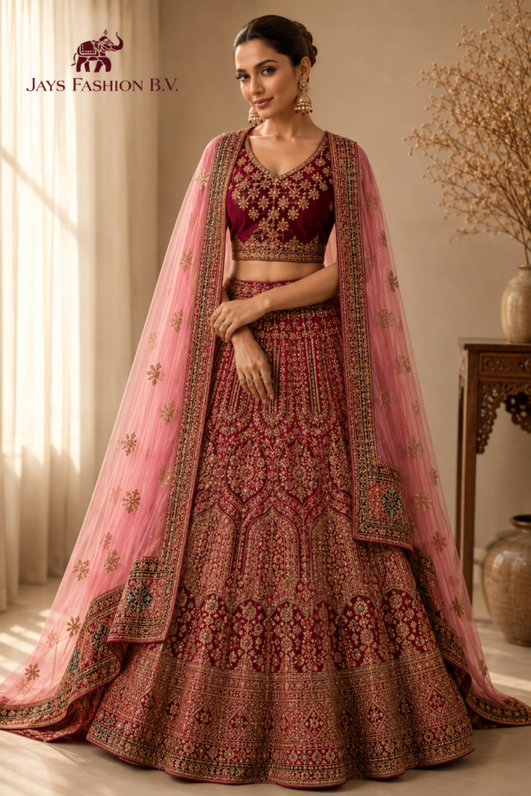 Donkerroze Luxe Lehenga met Gouden Borduursels en Roze Dupatta