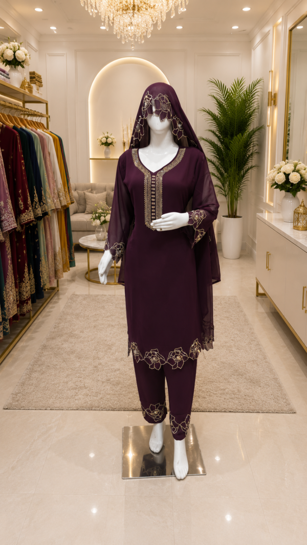 Donkerpaarse 3-delige Salwar Kameez met Gouden Borduursels