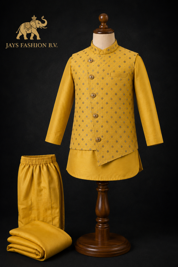 Kinder Kurta Set – Mosterdgeel met Luxe Jacquard Gilet
