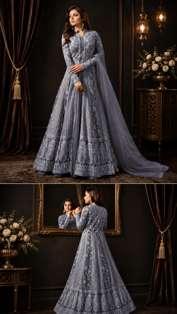 Luxe geborduurde Anarkali in Grijs