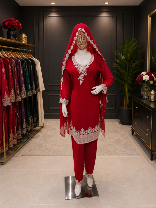 Rode 3-delige Salwar Kameez met Luxe Zilveren Borduursels