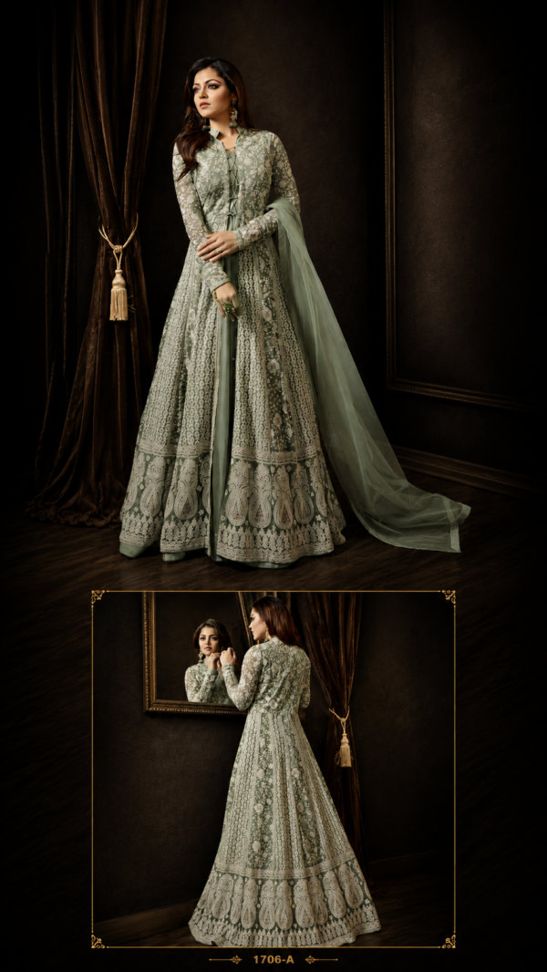 Luxe geborduurde Anarkali in saliegroen