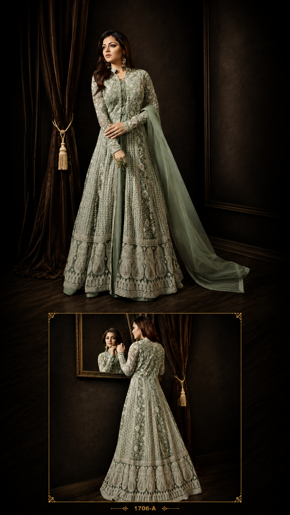 Luxe geborduurde Anarkali in saliegroen
