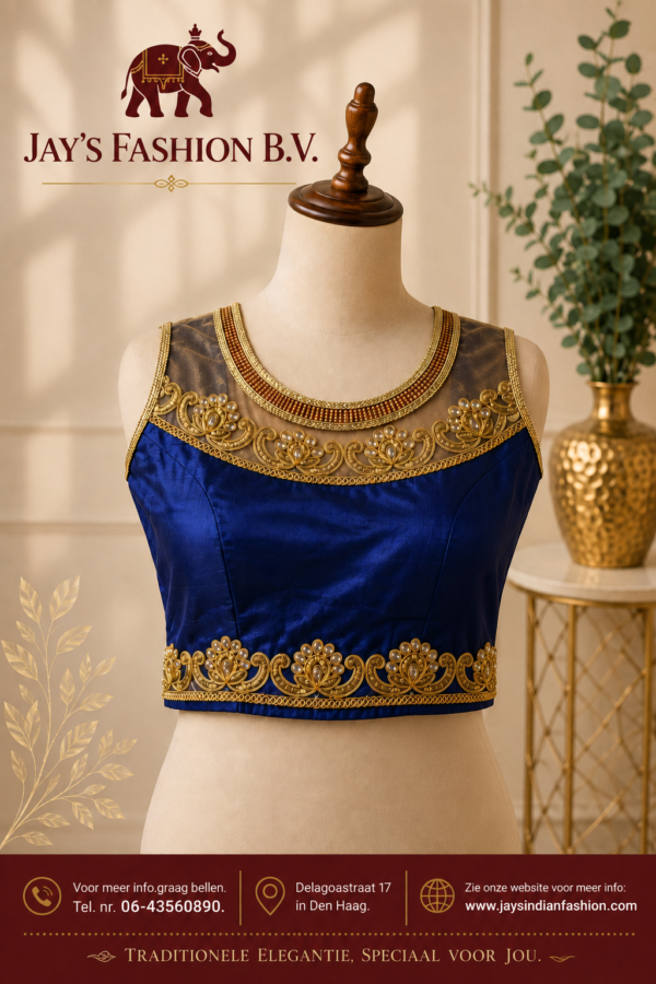 Sari blouse met Transparante Mesh Hals – Elegant & Trendy
