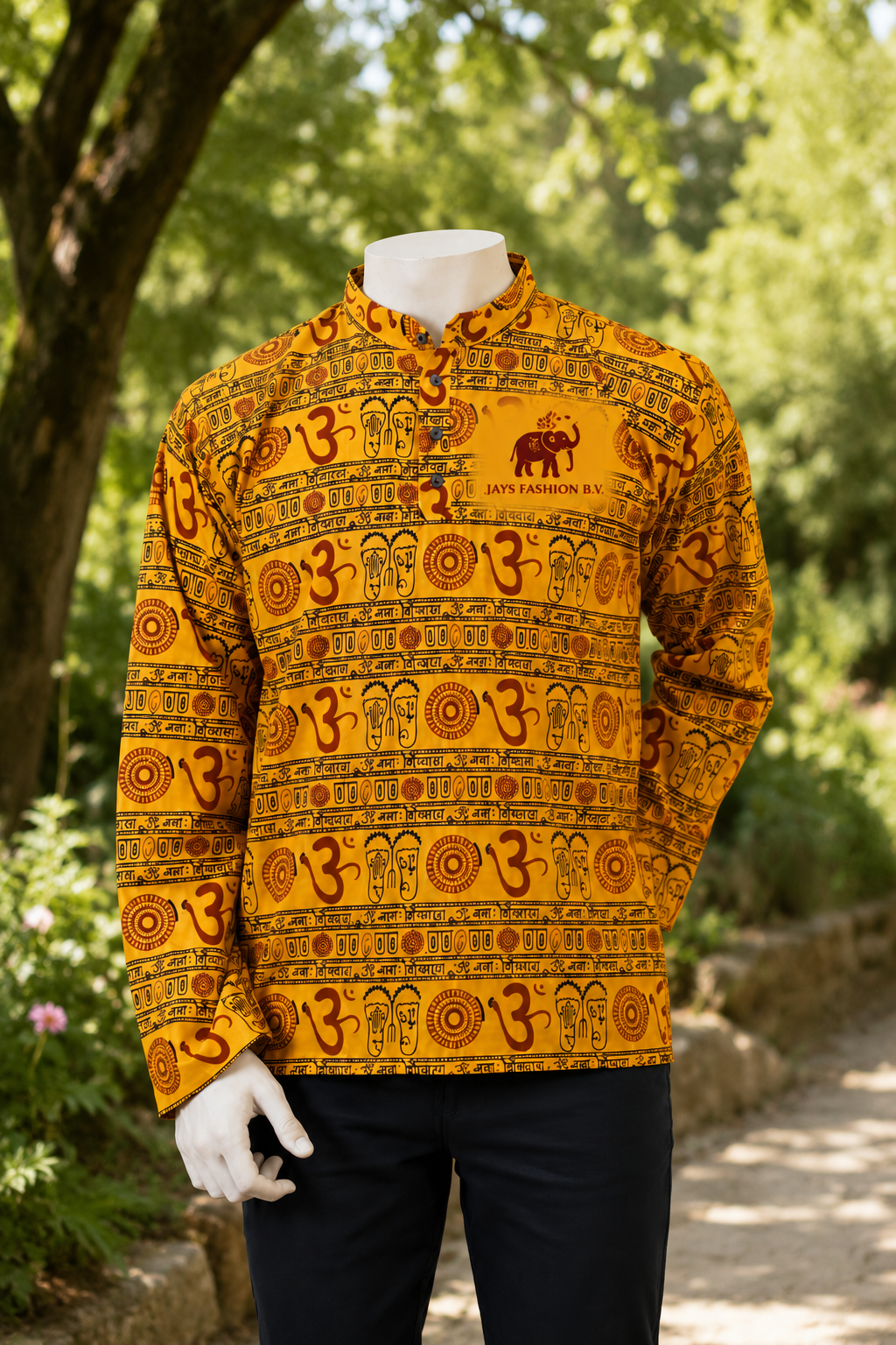 Heren Kurta Kort– Geel met Traditionele Spirituele Print - Afbeelding 2