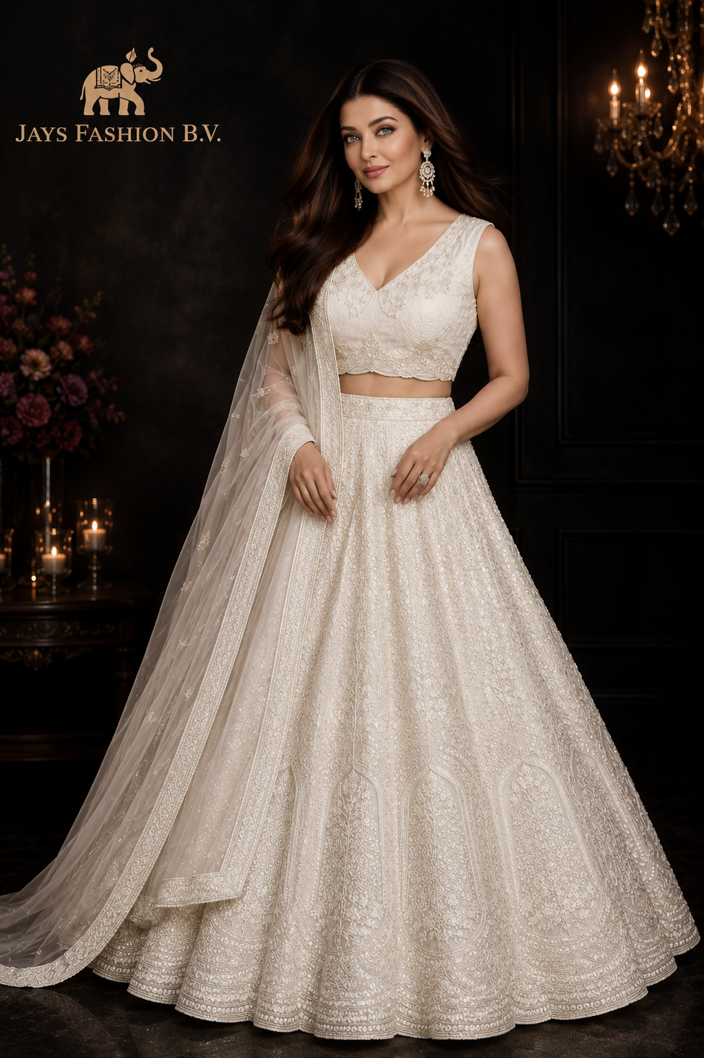 Luxe Witte Lehenga Set XXXL (48-50) met Geborduurde Dupatta - Afbeelding 3