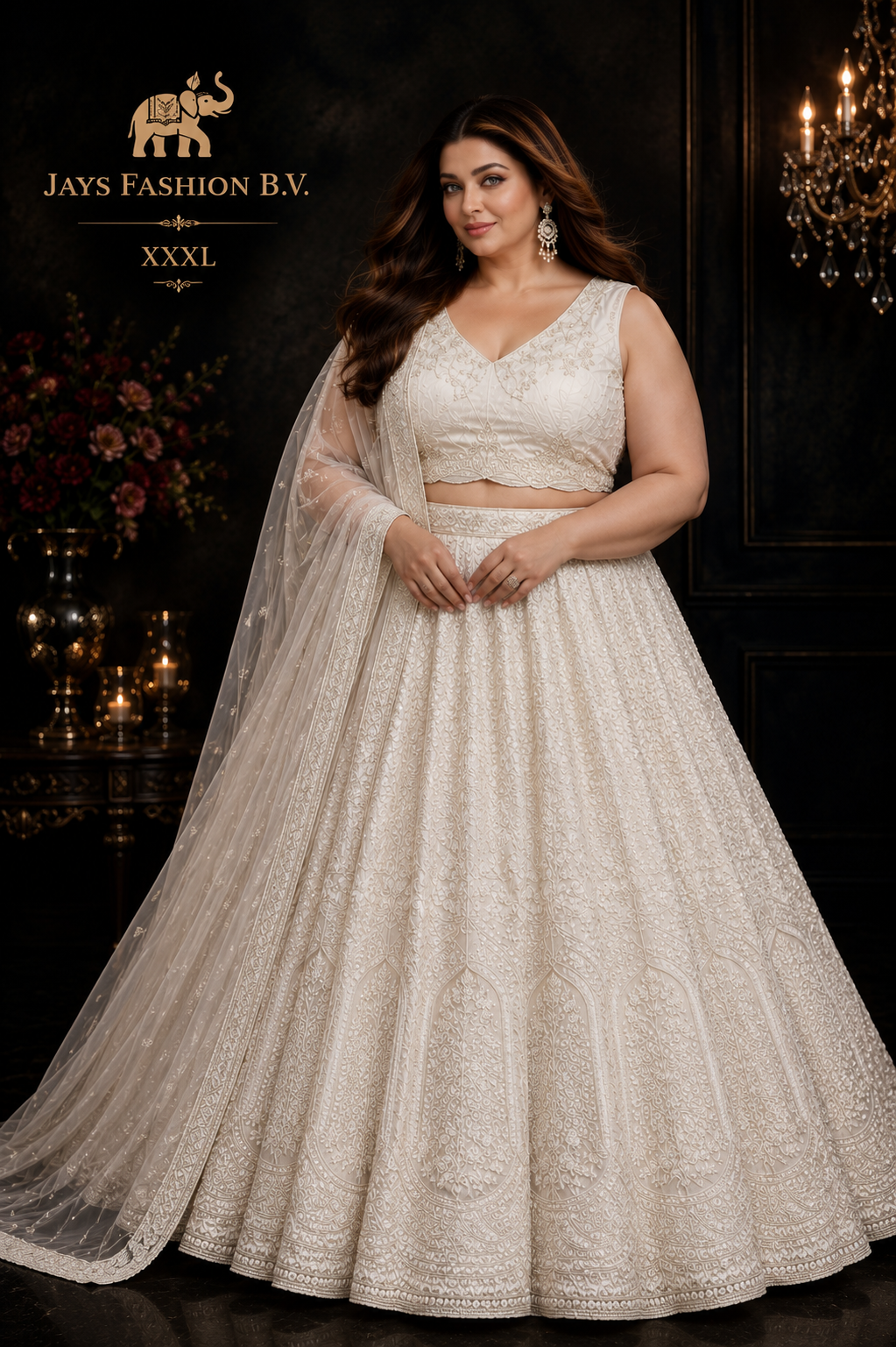 Luxe Witte Lehenga Set XXXL (48-50) met Geborduurde Dupatta