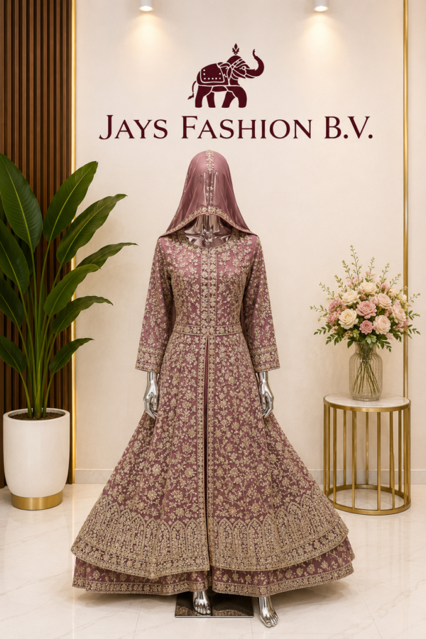 Luxe Rose Geborduurde Maxi Jurk met Dupatta – Traditionele Indiase Feestkleding
