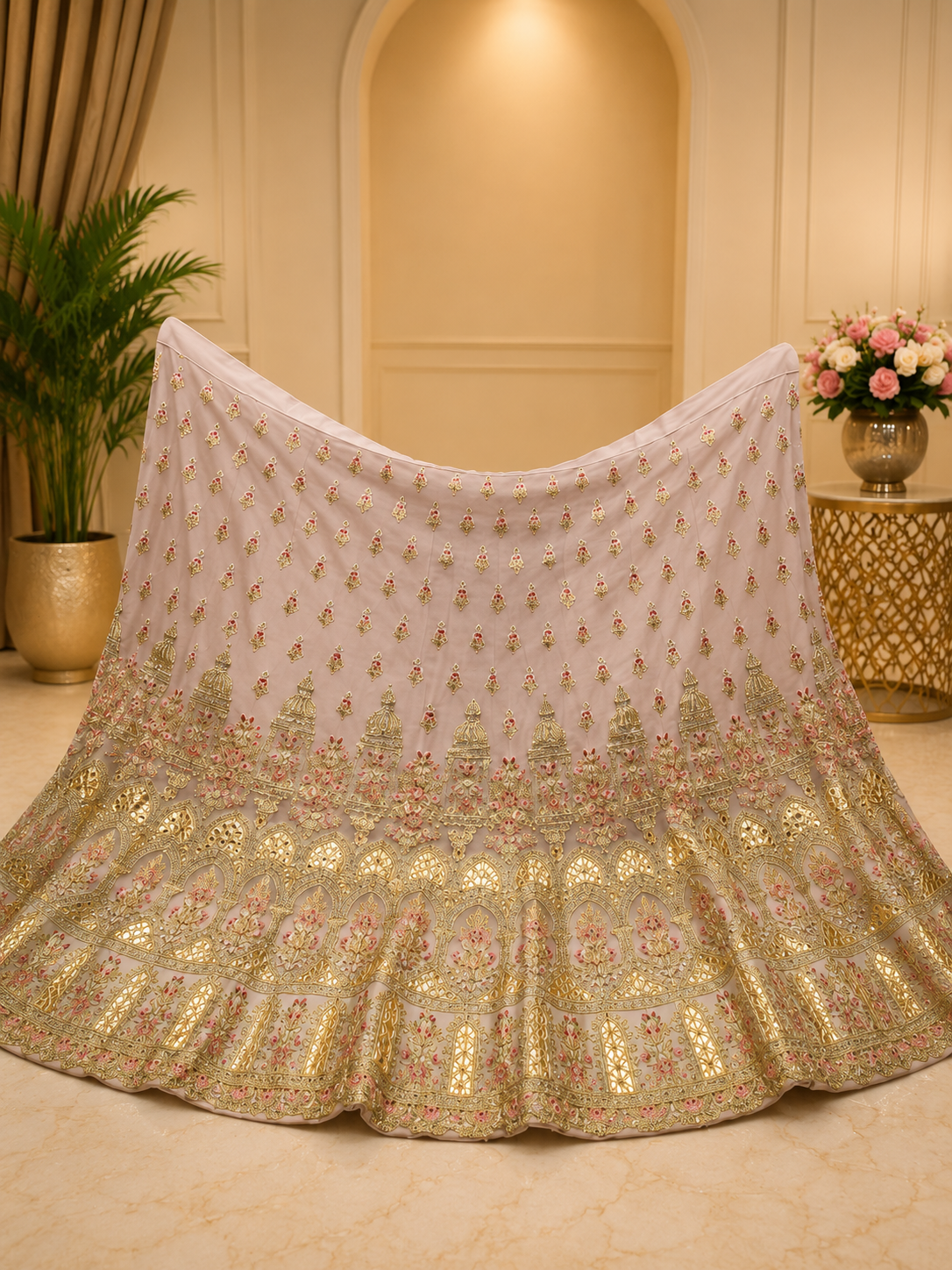 Ready Made Luxe Champagne Gouden Lehenga Set – Exclusieve Feestkleding - Afbeelding 2