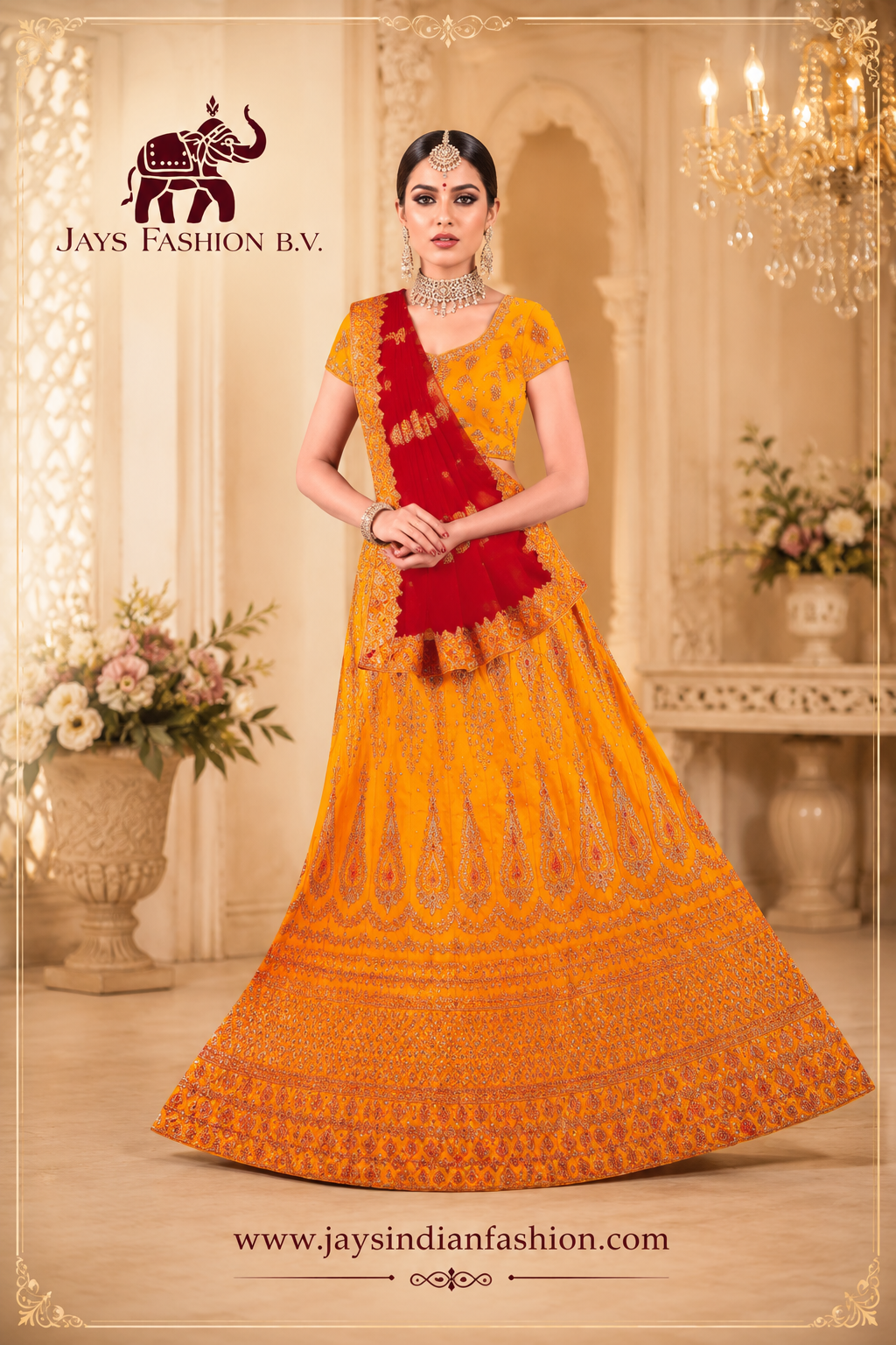 Lehenga Choli geel met Rode Dupatta – Bruids- & Feestkleding