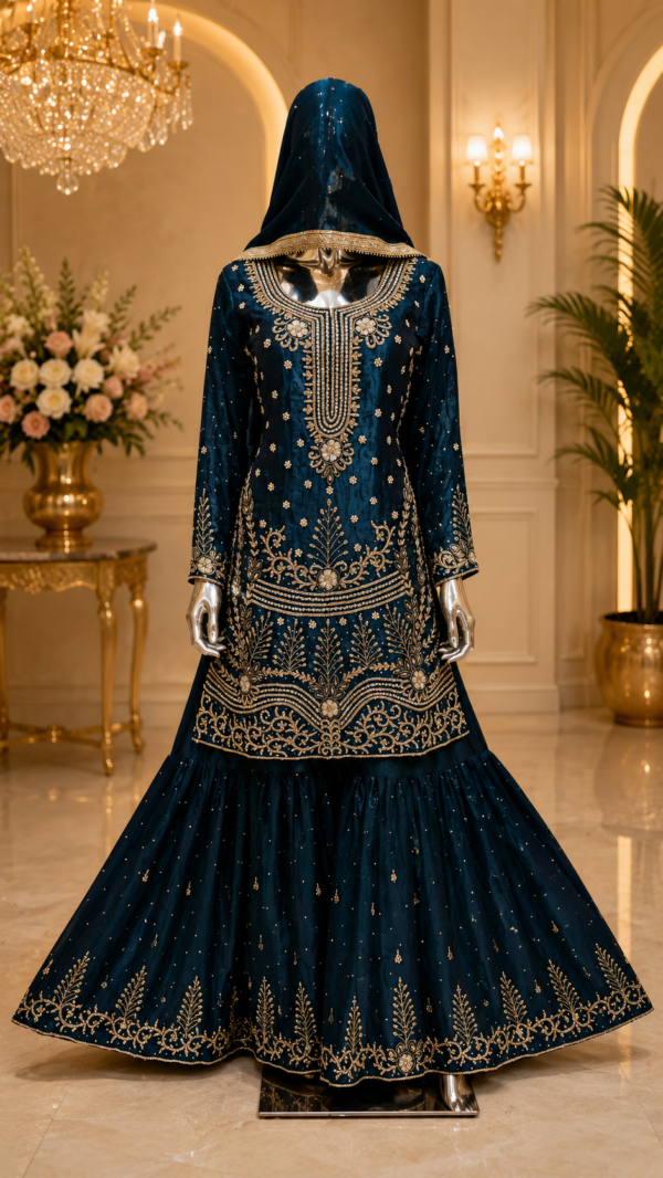 Luxe Donkerblauwe Sharara Set met Gouden Borduursel en Dupatta