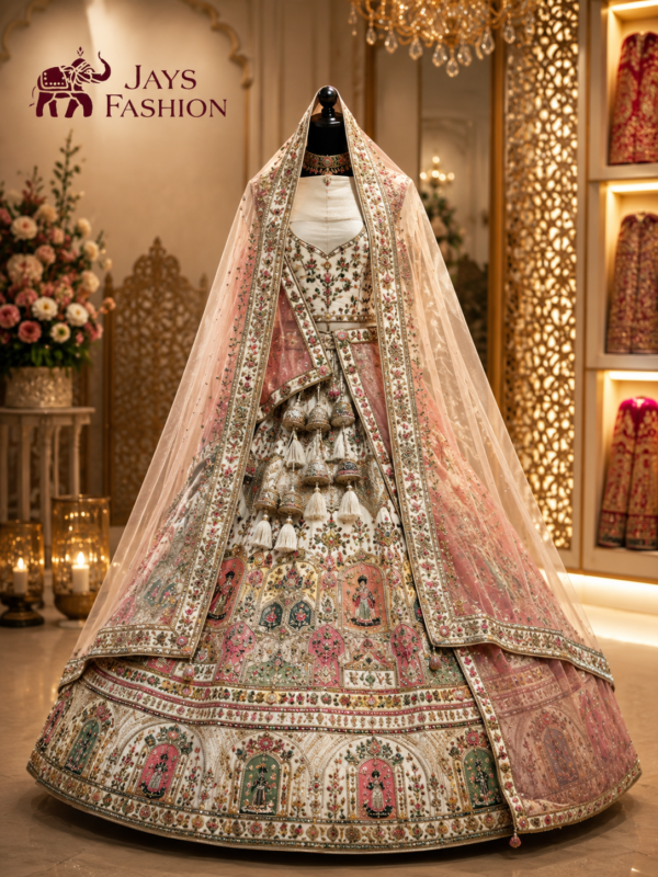 Luxe Ivoor & Blush Roze Designer Lehenga Choli – Exclusieve Indiase Bruidskleding