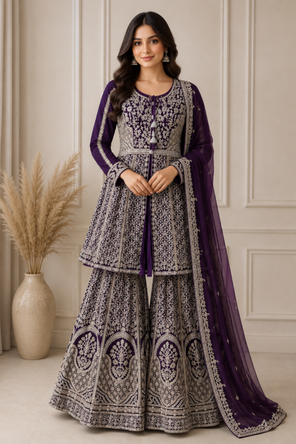 Paars Geborduurd Sharara Pak met Luxe Dupatta en Broek