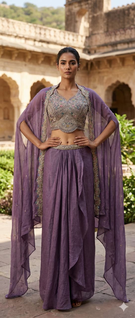 Luxe Mauve Ready-to-Wear Saree met Geborduurde Blouse en Cape Dupatta