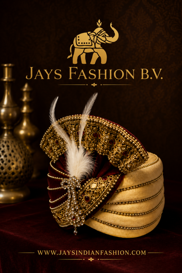 Luxe Maharaja Trouwtulband (Safa) – Goud & Bordeaux | Exclusieve Indiase Pagdi voor Bruidegom