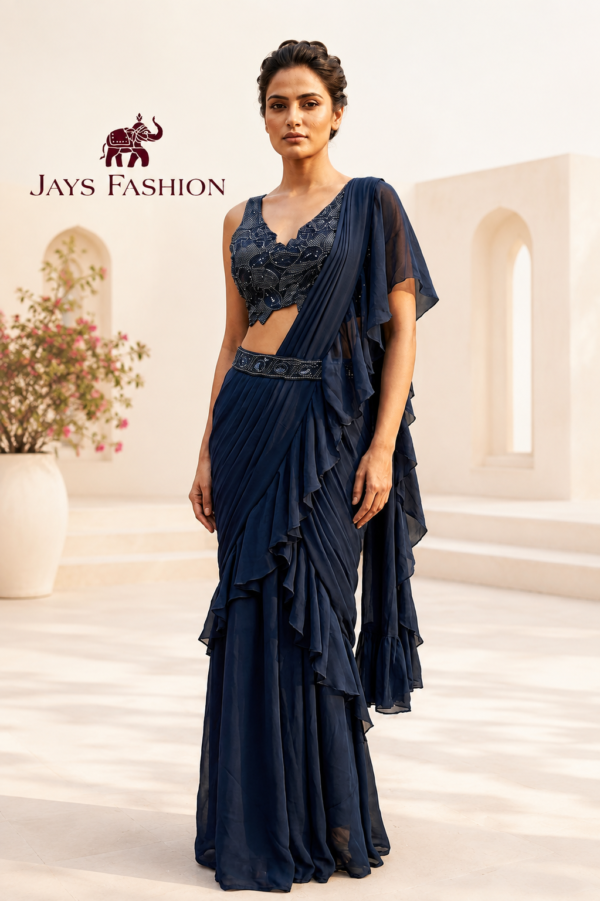 Elegante Paarse Ruffle Ready made Saree met Pailletten Blouse – Luxe Feestelijke Indiase Sare