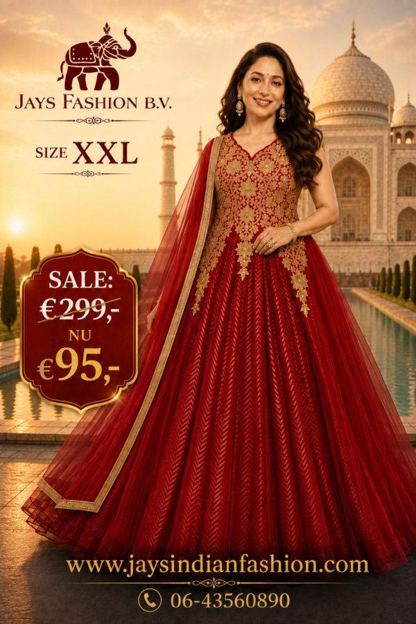 Luxe Rode Anarkali Jurk XXL – Indiase Feestjurk met Gouden Borduursel