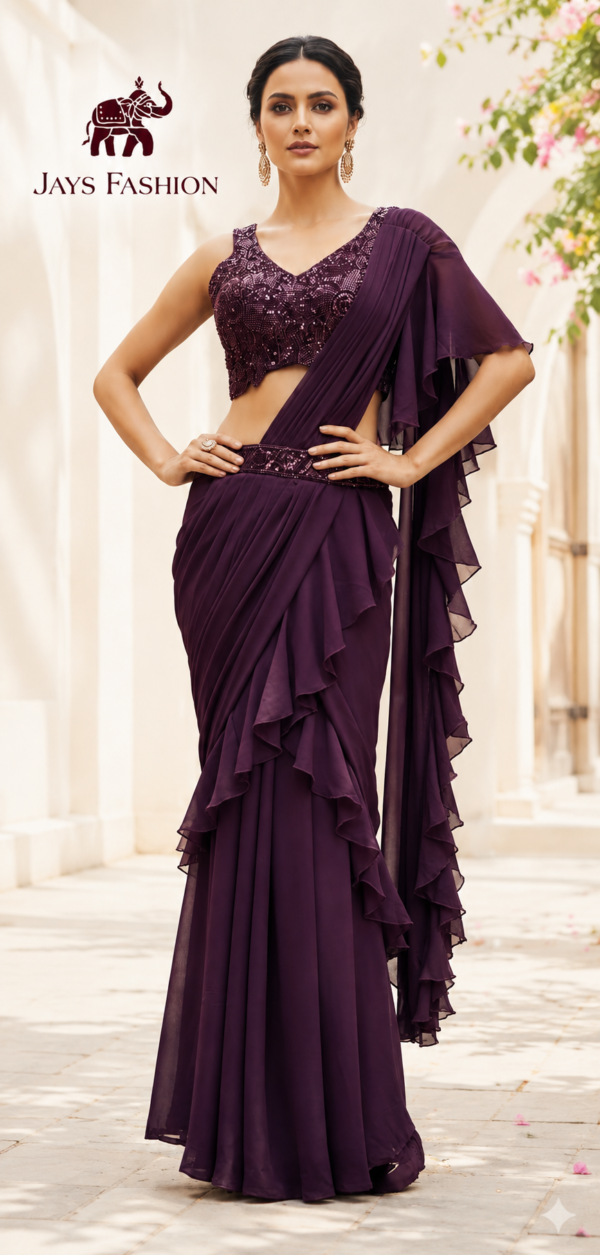 Elegante Paarse Ruffle Ready made Saree met Pailletten Blouse – Luxe Feestelijke Indiase Sare