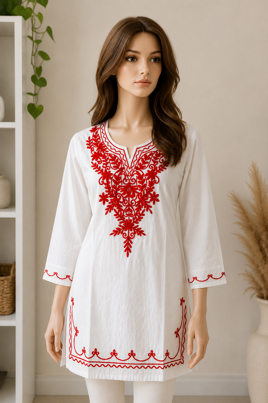 Witte Kurti met Rode Borduursels – Elegante Dames Tuniek