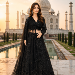 Zwarte Luxe Designer Lehenga met Pailletten en Geborduurde Dupatta