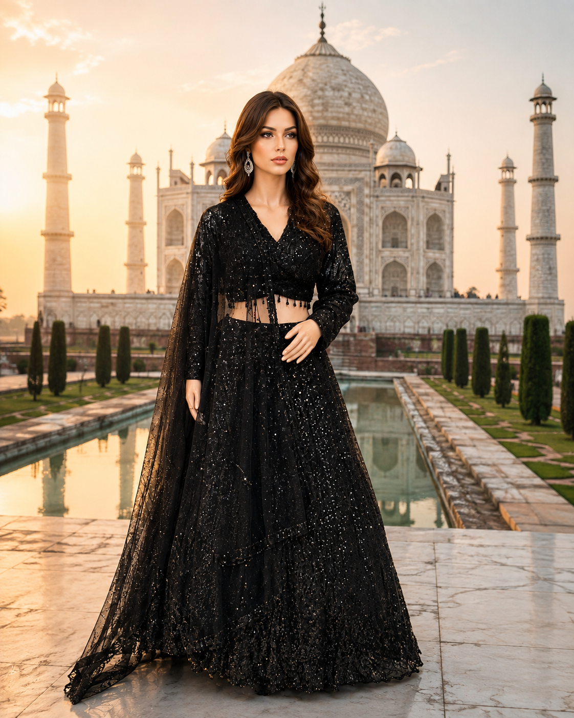 Zwarte Luxe Designer Lehenga met Pailletten en Geborduurde Dupatta